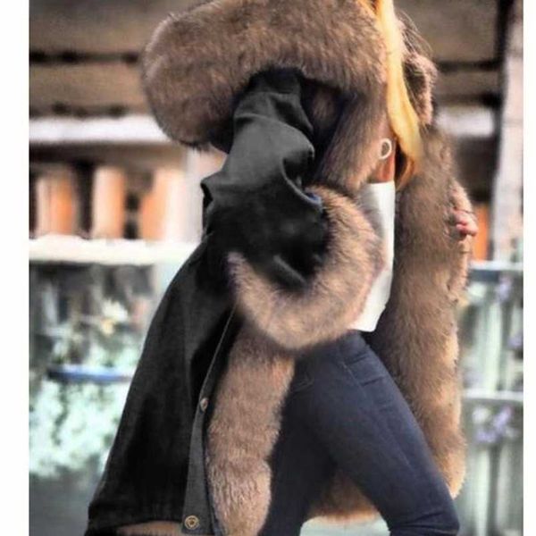 

fur long parka winter fashion solid color large collar hooded coat thicken 211215, Black