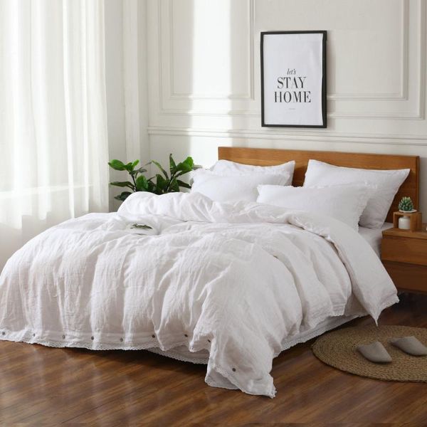 

bedding sets 100% pure line white lace edge set princess linen duvet cover soft flax quilt flat bed sheet pillowcases king size
