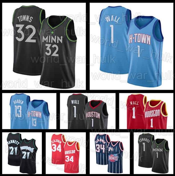 

john 1 wall jerseys anthony edwards devin booker karl-anthony towns hakeem 34 olajuwon houston rocket minnesota timberwolves, Black;red