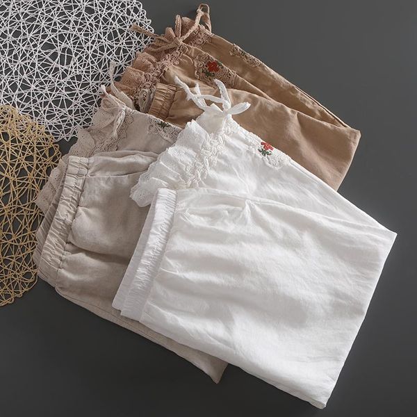 

women's pants & capris fresh hook embroidery cotton and linen n821-336, Black;white