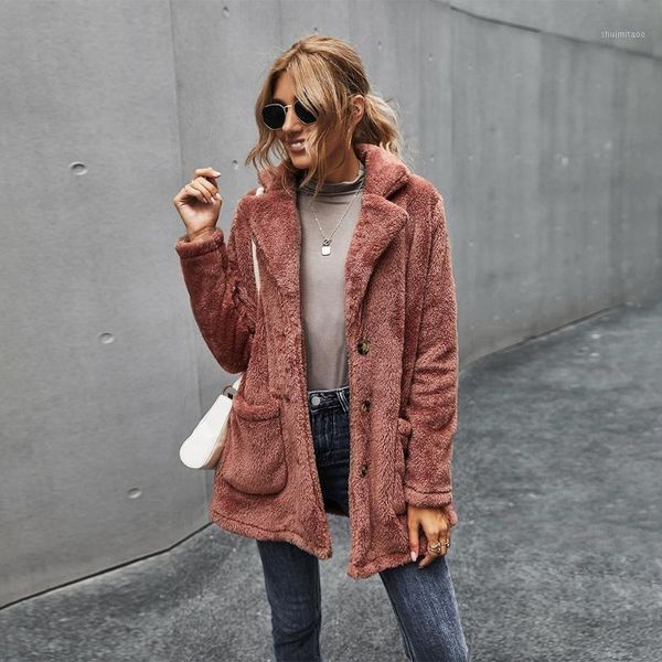 

women's down & parkas winter coat arrival women casual fleece pocket fashion ladies long sleeve solid color warm furry wool 2021, Black