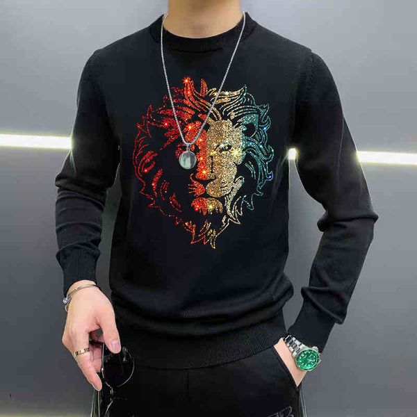 

men's rhintone winter round neck casual sweater, black and white lion pattern, 2021, White;black
