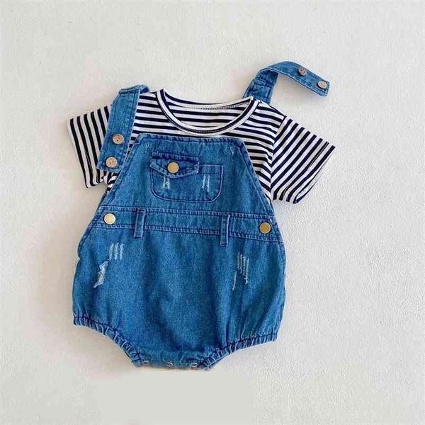 Vestiti estivi per bambini T-shirt a righe per neonato + tuta pagliaccetto 2 pezzi Pagliaccetto senza maniche in denim Ragazza 210528