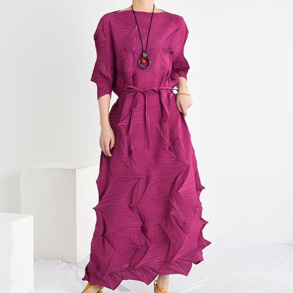 

casual dresses women high qualtiy pleaeted dress 2021 autumn loose all-match bandage with belt large size 128cm length, Black;gray