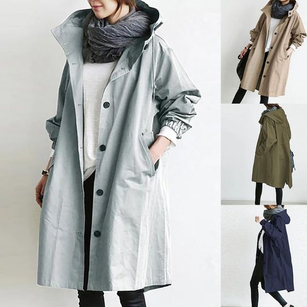

women's trench coats women autumn solid color pocket hooded windbreaker long coat outerwear for plus size ladies, Tan;black
