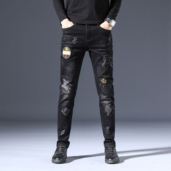 

autumn and winter jeans mens embroidery printing korean slim fashion casual pants, Blue