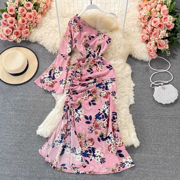 

summer bohemian floral printed long dress women diagonal collar one shoulder drawstring vestidos ladies high waist robe new y0603, Black;gray
