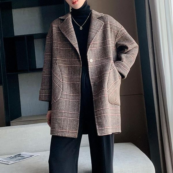 

women's wool & blends autumn and winter plaid brown straight suit collar original fragrant double-sided temperament commuter korean sty, Black