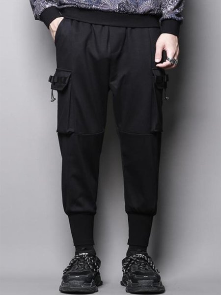 

men's pants casual sweatpants pencil spring and autumn dark elastic waist personalized pocket design, Black