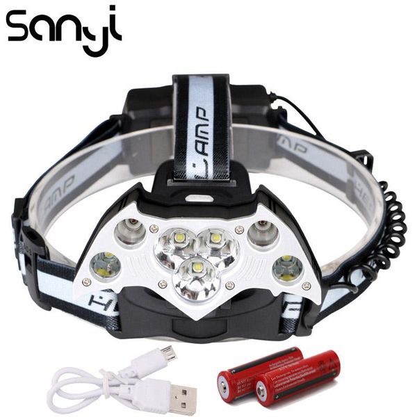 

sanyi 3*t6+2*xpe headlight 5 modes forehead usb rechargeable 18650 battery camping light portable lantern