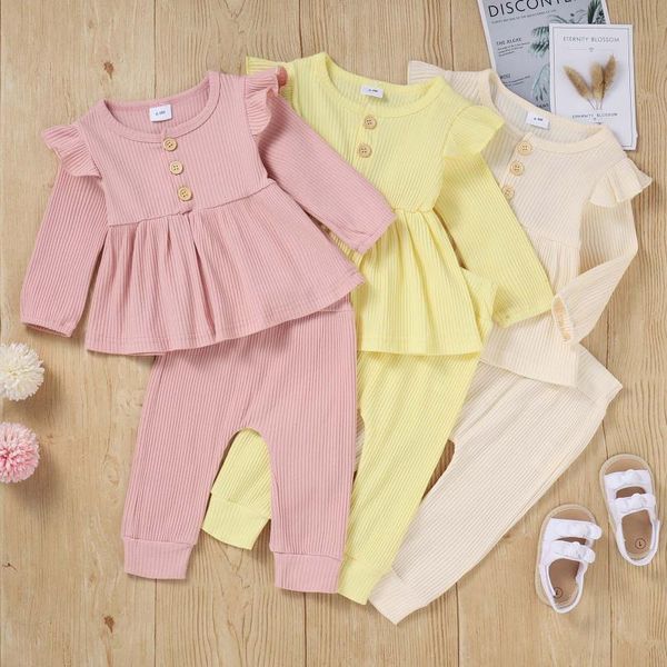 

clothing sets toddler baby girls ribbed cotton long sleeved solid color pants clothes set autumn casual kids outfits girl ropa para niÃ±, White
