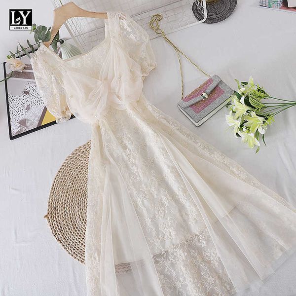 Ly varey lin verão mulheres casual manga cor sólida damasco vestidos fêmea vestidos doces cintura quadrada coleira alta 210526