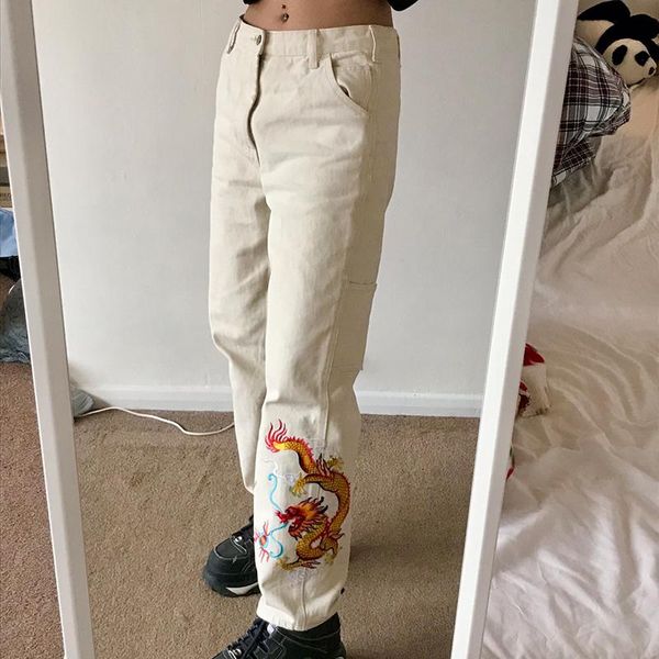 

women's jeans dragon embroidery women stylish harajuku casual hip hop aesthetic autumn denim trousers girl hight waist straight pants, Blue