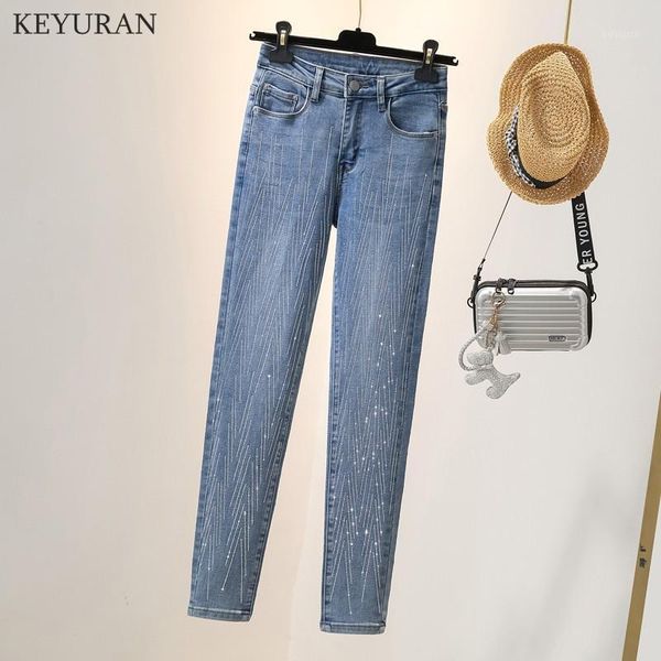 

women diamond drilled hole jeans woman pencil pants ripped denim trousers with rhinestone women's, Blue
