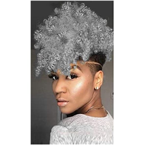 

grey ponytail remy afro puff drawstring ponytail bun with bangs 1b/grey ombre short afro kinky curly ponytail extension clip in pineapple, Black