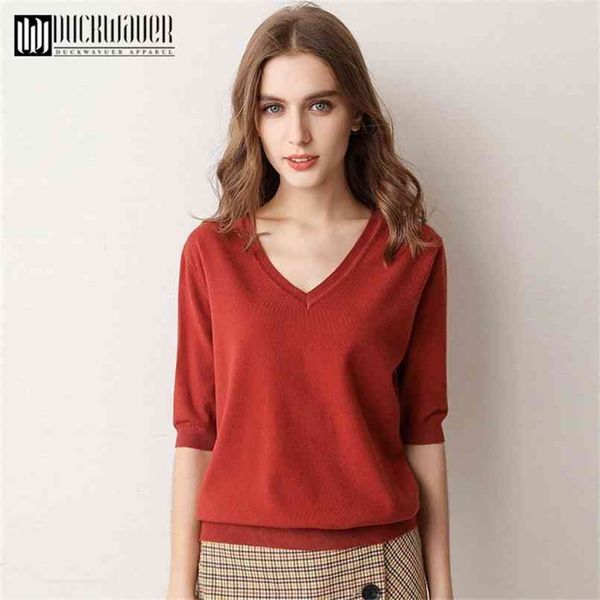 

duckwaver v-neck knitted women sweater spring and autumn loose wild short sleeve slim pullover 210914, White;black