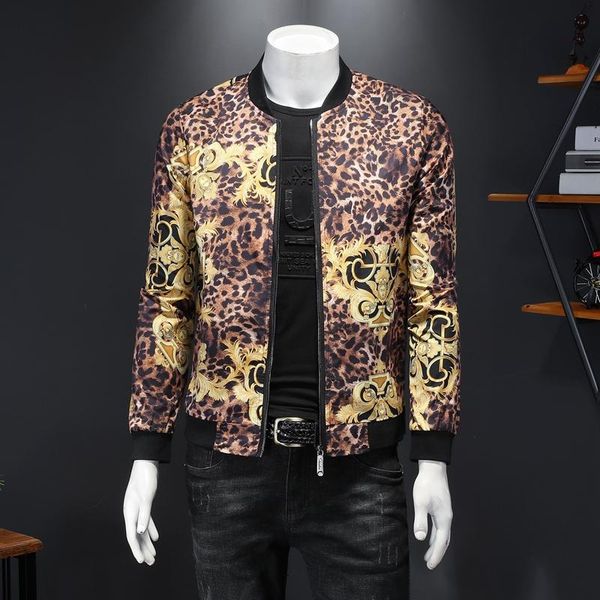 

luxury gold leopard print men's jacket baroque bomber jackets slim fit zipper coats outerwear windbreaker jaqueta masculina, Black;brown