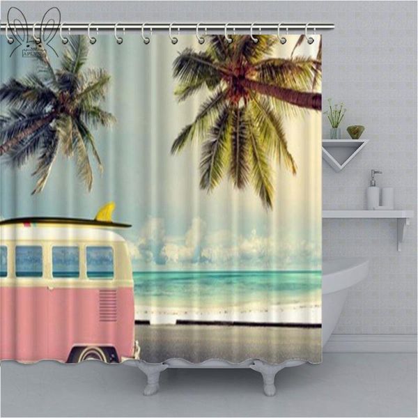 

shower curtains aplysia vintage car in the beach with a surfboard on roof art decor print bathroom decorations fabric