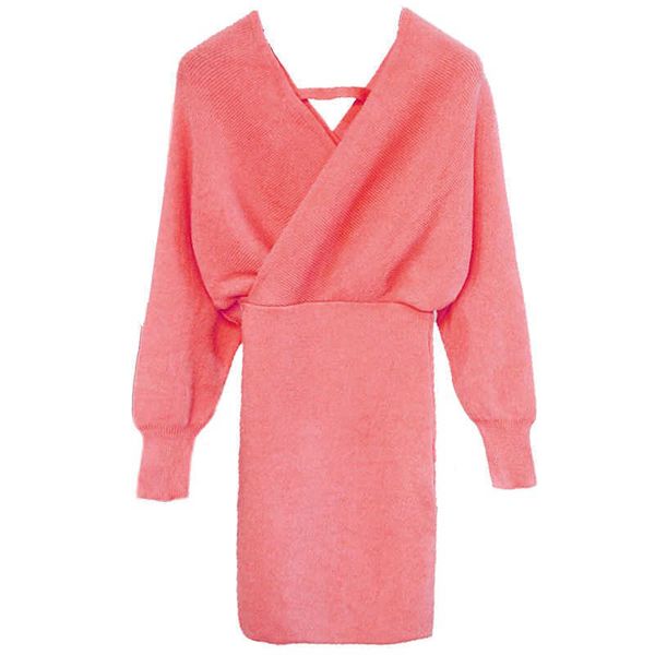 

perhaps u pink batwing sleeve long sleeve solid v neck pullover sweater elegant party mini short dress spring autumn d0875 210529, Black;gray