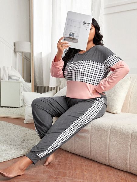 

plus plaid color block drop shoulder pj set 90zx#, Black;white