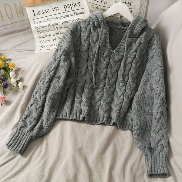 

fashion for sweet versatile short twist sweater drawstring hooded women in autumn and winter luxury, White;black