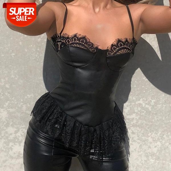 

hirigin new lace patchwork pu leather v-neck tank vest women fashion autumn summer ruffles sleeveless strap tank camis #ax9y, White