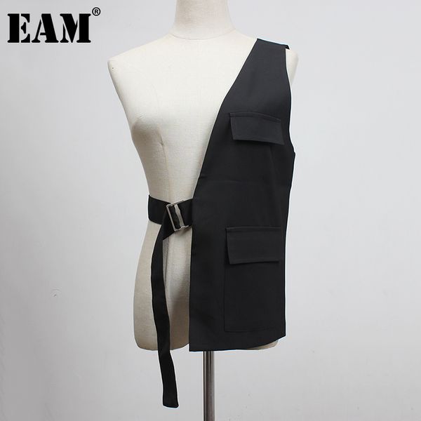 

eam] women loose fit black one side buckle split joint vest new v-collar sleeveless fashion tide spring autumn 1y958 201125, Black;white