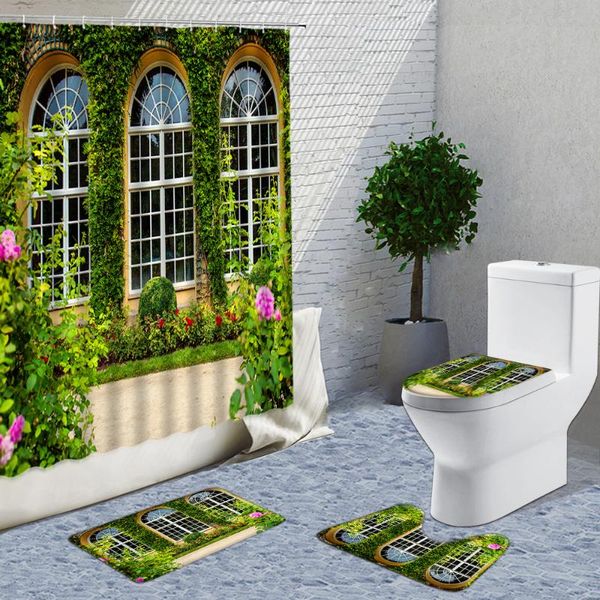 

shower curtains green leaf vines and glass courtyard window landscape bathroom curtain set bath mats rugs home toilet decor cloth