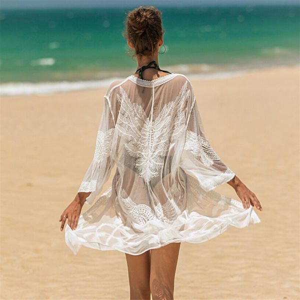 

new women lace bikini cover-up adults see-through belted three-quarter sleeve v-neck cardigan vacation dresses beach wear, White;black