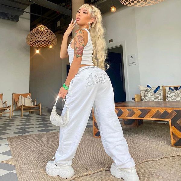 

women's pants & capris wanyuc l2021 fashion niche design sense loose casual trousers rhinestone self-cultivation leggings women autumn, Black;white