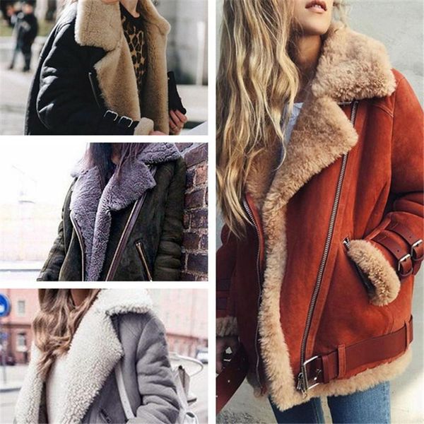 

women's fur & faux 2021 winter motorcycle deerskin fleece lamb coat lapel warm high street plus size 5xl, Black