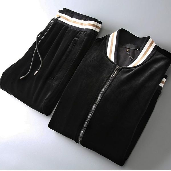 

men's tracksuits mens sets velvet (sweatshirts+pants) luxury stand collar thick men hoodies fashion elastic waist man pants plus size 5, Gray