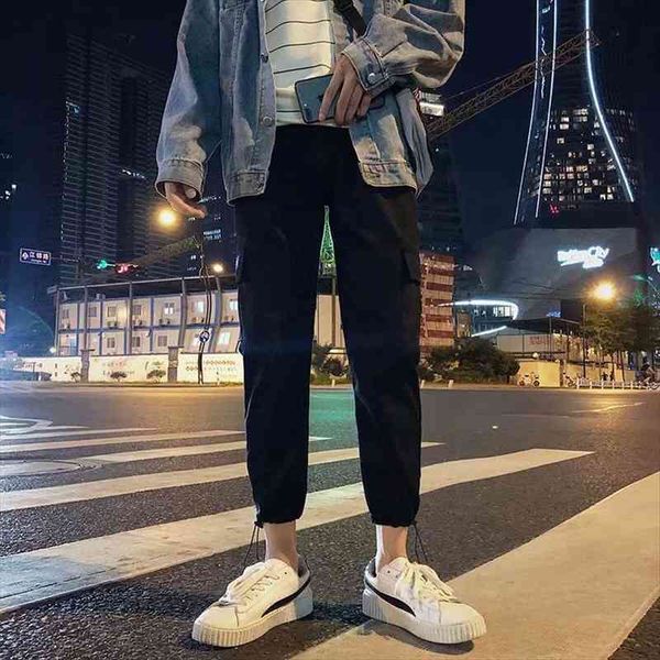 

mens cargo pants patchwork pocket joggers pants man hiphop trousers fashion casual streetwear, Black