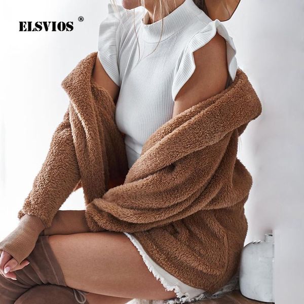 

women's jackets elsvios women teddy jacket coat faux fur warm winter coats 2021 casual solid plush overcoat female thick hooded outerwe, Black;brown