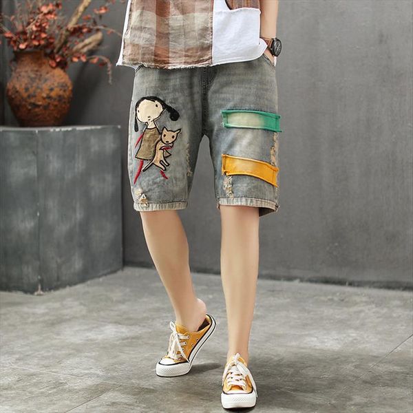 

summer arts style womens jeans elastic waist vintage denim shorts feminino patchwork embroidery ripped plus size s839, Blue