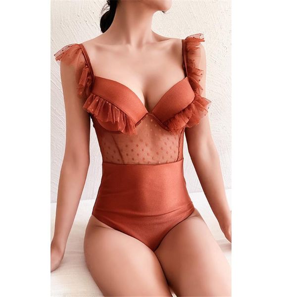 

ruffle polka dot mesh push up swimsuit women high waist one piece swimwear cut out swim bath suit 2021 monokini bodysuit