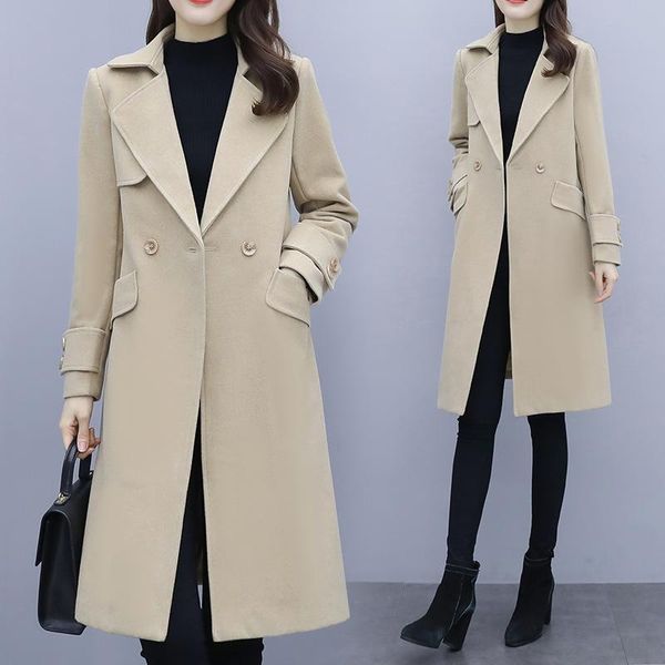 

women's wool & blends woolen coat women show thin, autumn and winter 2021 high-end fashion temperament japanese style medium length, Black