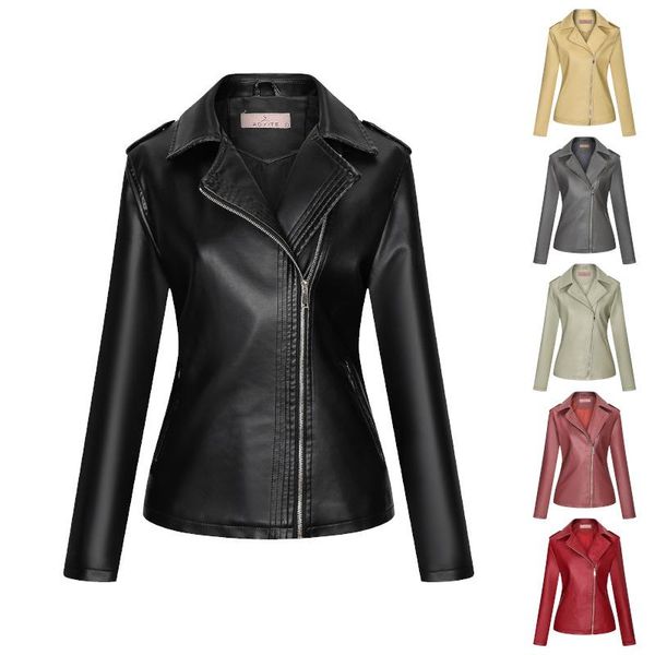 

women's leather & faux 2021 autumn and winter temperament jacket slim zipper european american lapel pu women, Black