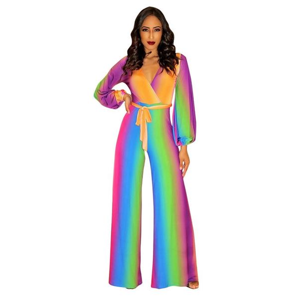 

women's jumpsuits & rompers women fashion casual long sleeve deep v neck gradient printed romper sashes lace up loose wide leg pants ju, Black;white