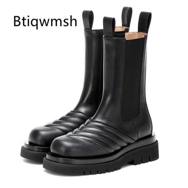 

boots 2021 chic design ankle women round toe black cow leather wave decor thick bottom flat ladies fashion