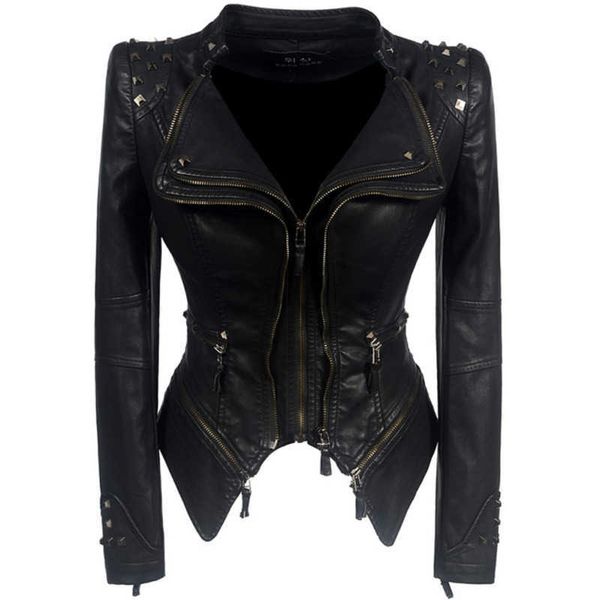 

leather jacket women femme veste chaqueta mujer motorcycle 210909, Black