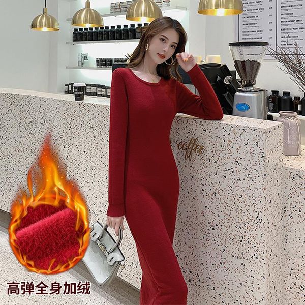 

autumn winter new add velvet thickened women's woolen dress korean version over the knee slim warm dress trend christmas, Black;gray