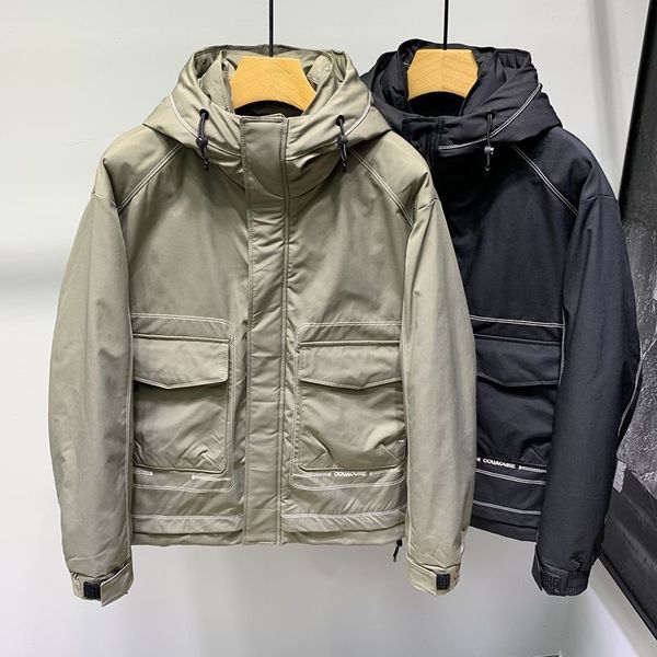 

winter thickened warm down jacket men's short style hooded overalls open-line fashion casual white eiderdown, Black