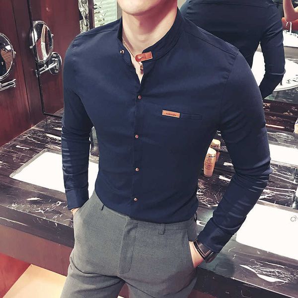 

slim men's fit solid color long sleeve shirt in autumn of large fashion stand collar, White;black