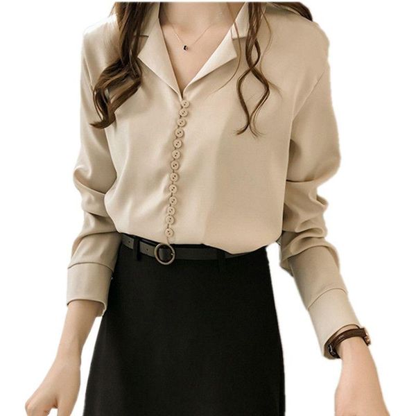 

women v collar blouse shirt casual long sleeve loose bottoming blouse rk, White