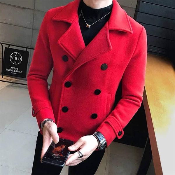 

men's wool & blends 2021 winter solid color overcoat men windbreaker short casual slim fit coat thicken warm mens jackets, Black