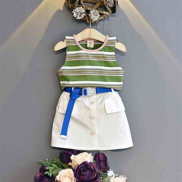 

gooporson summer kids clothes fashion korean little girls clothing set stripes vest&skirt 2 pcs cute toddler children outfits 210715, White