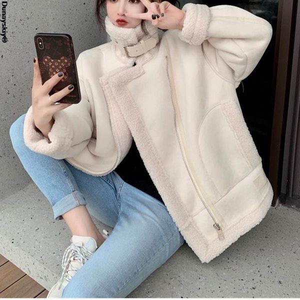 

women's leather & faux 2021 women lamb fur jacket coat turn down collar winter thick warm oversized zipper with belt outerwear, Black