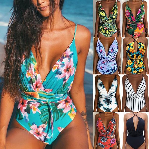 

2021 new bikini women print brazilian one piece swimsuit floral retro thong high waist bodysuit backless high cut swimwear