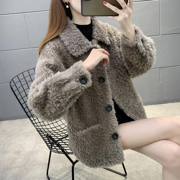 

women's fur & faux shzq 2021 lamb integrated reduced age sheep sheared grain plush coat short winter, Black